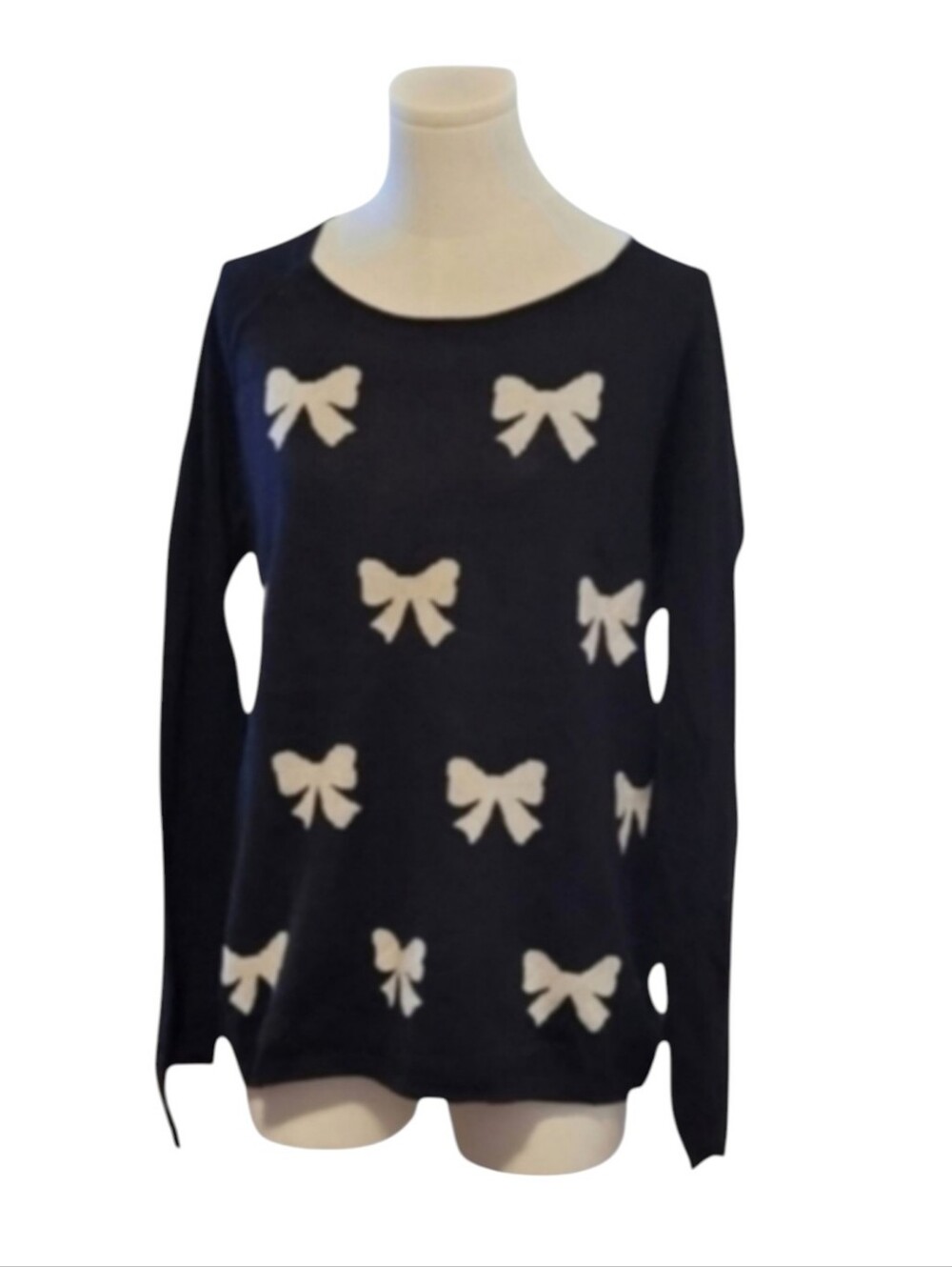Vintage LOFT Soft Black Scoop Neck Stretchy Sweater With White Bows Size Medium